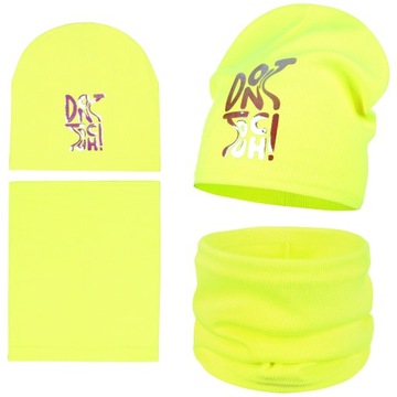 CZAPKA KOMIN TUBA KOMPLET DZIEWCZĘCY JESIENNY BŁYSZCZĄCY NAPIS 48/52 NEON