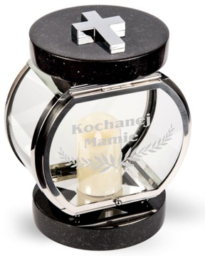 Elegancki Lampion nagrobny okrągły srebrny stal+granit czarny