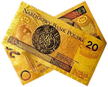 Красивая коллекционная позолоченная банкнота из ПВХ номиналом 20 злотых BOLESŁAW CHROBRY