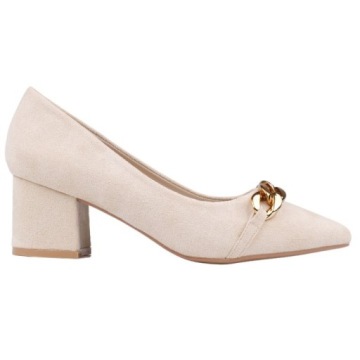 BEŻOWE CZÓŁENKA ZAMSZOWE NA SŁUPKU BUTY DAMSKIE ELEGANCKIE WKŁ. EKOSKÓRA