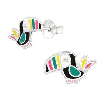 Kolorowe KOLCZYKI ptak tukan papuga srebro 925 wkrętki