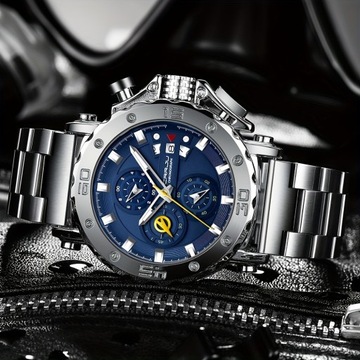 1 шт. Мужские часы с большим циферблатом, многофункциональный хронограф со сталью