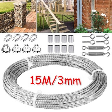 ZESTAW LIN STALOWYCH ZE STALI NIERDZEWNEJ 15M 3MM Z NAPINACZA LINKI 23 SZT.