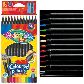 KREDKI TRÓJKĄTNE z czarnego drewna ołówkowe szkolne COLORINO 12 kolorów