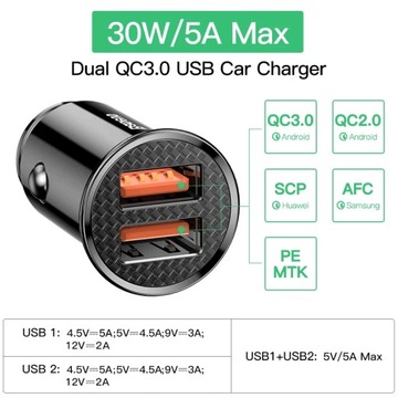 Автомобильное зарядное устройство Baseus Quick Charge 4.0 USB QC4.0 QC3.0 QC SCP 5A PD Type C