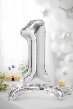 Stojący balon foliowy Cyfra 1, 70cm, srebrny