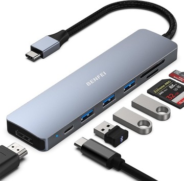 Hub USB C Benfei 7w1 Koncentrator HDMI USB C SD