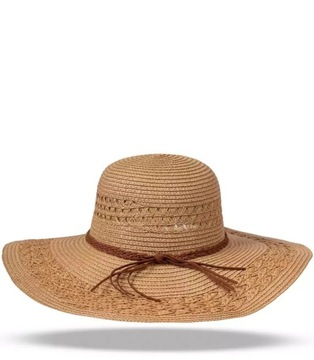 Modny duży damski kapelusz szerokie rondo ażur (Brązowy)