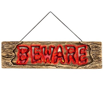 DEKORACJA halloween TABLICZKA BEWARE świecąca