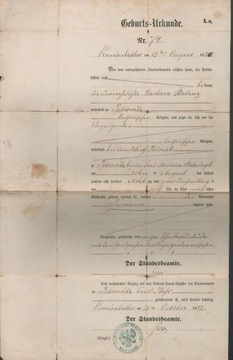 14116 Myslowitz. Tauf-Zeugnis z 1898 roku + Geburts-Urkunde 4 1882 roku.