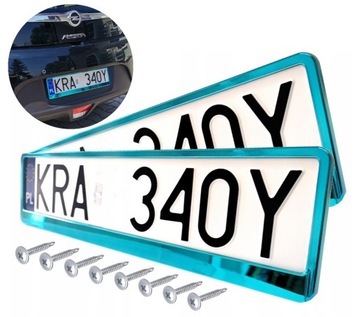 RAMKI NA REJESTRACJE METALIZOWANE TURKUS + WKRĘTY