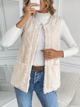 БЕЖЕВЫЙ ПЛЮШЕВЫЙ КЛАССИЧЕСКИЙ ЖИЛЕТ КУРТКА С РУКАВАМИ МЕДВЕДЯ КАРМАНАМИ SHEIN 38