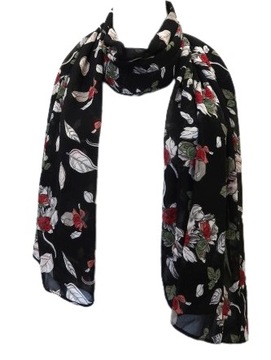 Szalik hijab apaszka czarny w kwiaty szyfonowy lekki 70x180 cm