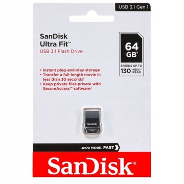 МИНИ-ПЕРЕВОД SANDISK ULTRA FIT, 64 ГБ, USB 3.1, КОРОТКИЙ, НЕ ПРОЕКТИРУЕТ НА РАДИО