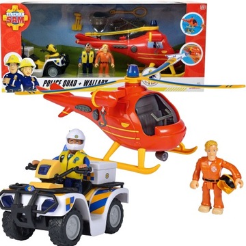 STRAŻAK SAM ZESTAW POJAZDÓW HELIKOPTER WALLABY QUAD POLICYJNY + FIGURKI AKC