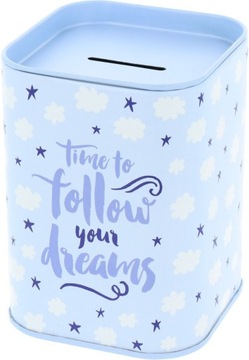 ПРЯМОУГОЛЬНАЯ МЕТАЛЛИЧЕСКАЯ КОПИЛКА ОТКРЫТАЯ ДЛЯ ДЕНЕГ, СИНЯЯ БАНКА