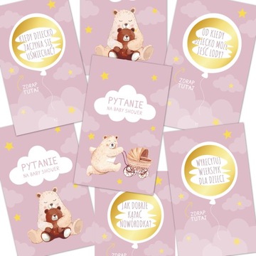 ZDRAPKI PYTANIA na Baby Shower 21szt miś różowy