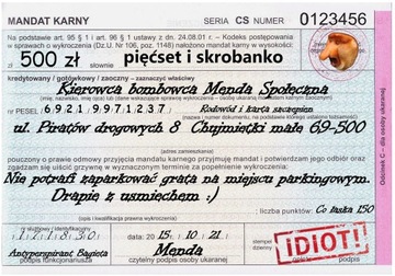 KARNY KU*AS MANDAT NAKLEJKI TRUDNOZRYWALNE 10 szt