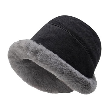 Zimowy kapelusz typu Bucket dla kobiet Pluszowy, wiatroszczelny, czarny