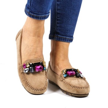 iButy DAMSKIE MOKASYNY Z KAMIENIAMI PŁASKIE KHAKI CIEMNE BEŻOWE