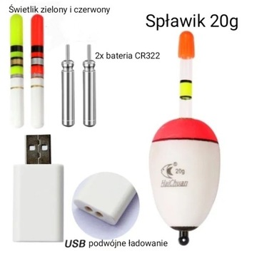 SPŁAWIK BOJKA LED 20g + 2x świetlik + Ładowarka + 2 baterie CR322