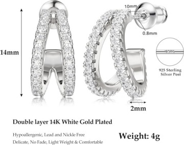 Подвійні сережки зі срібла 925 позолочені 14K стразом 14 мм