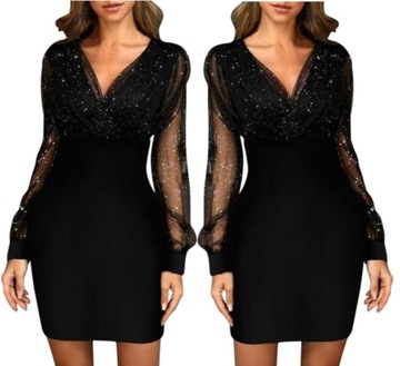 CZARNA SUKIENKA DAMSKA MINI ELEGANCKA MODNA KOPERTOWA DŁUGI RĘKAW CEKINY M