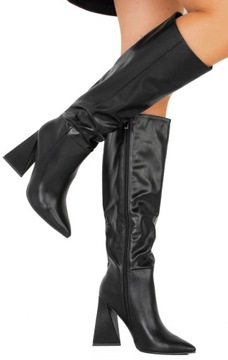 KOZAKI NA SŁUPKU W SZPIC CZARNE SKÓRZANE 38