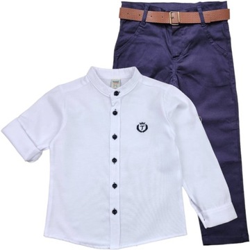 GARNITUR WIZYTOWY KOSZULA STÓJKA SPODIE PASEK 128