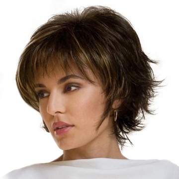 Fluffy short wig with bangs, black-brown + blonde
