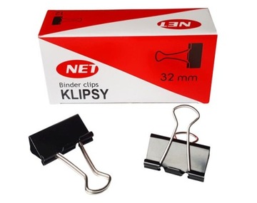 Klipsy biurowe 32 mm spinacze klipy do papieru czarne Net 12 sztuk