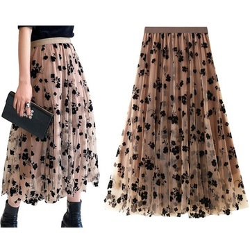 Юбка полудлинная из тюля из шифона в горошек, кофейный