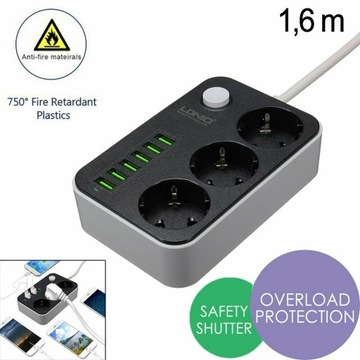 УДЛИНИТЕЛЬ ПИТАНИЯ 3 РАЗЪЕМА + 6 USB