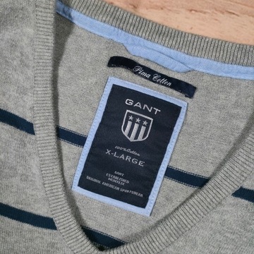 GANT Sweter Męski V Neck w Paski Logowany r. XL