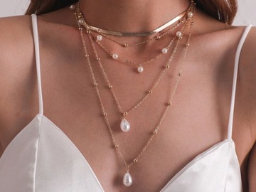 Pozłacany naszyjnik z perłami choker krawatka prezent elegancki modny wzór