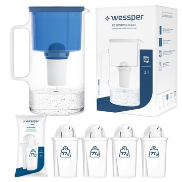 SZKLANY DZBANEK WESSPER D2 BOROSILICATE AQUACLASSIC 3l + 5x Filtr Wkład