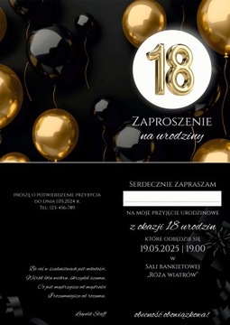 Zaproszenia na 18 urodziny, osiemnastka, personalizowane, 10 sztuk