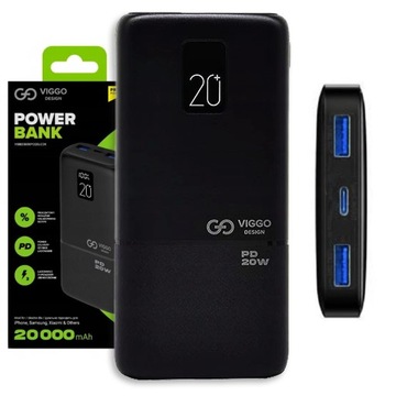 POJEMNY POWERBANK 20000MAH PD 20W 3xUSB USB-C QC