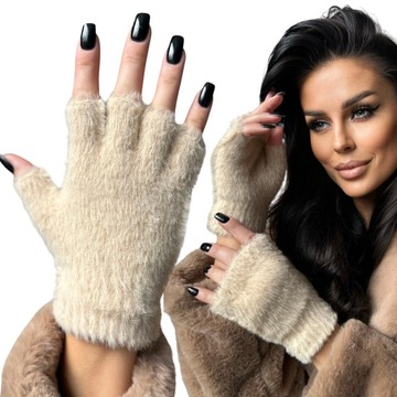 RĘKAWICZKI RĘKAWICE BEZ PALCÓW MITENKI ALPAKA CIEPŁE GRUBE SPORT KREM 2218