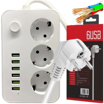 PRZEDŁUŻACZ 6 USB LISTWA ZASILAJĄCA 3 GNIAZDA ANTYPRZEPIĘCIOWA LED 2M 2500W