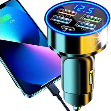 АВТОМОБИЛЬНОЕ ЗАРЯДНОЕ УСТРОЙСТВО 4X USB QC 3.0 + USB C PD 20 Вт БЫСТРО МОЩНОЕ ДЛЯ ВАШЕГО ТЕЛЕФОНА