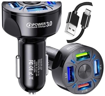 MOCNA SZYBKA ŁADOWARKA SAMOCHODOWA 4x USB PD QC 3.0 DO TELEFONU KABEL