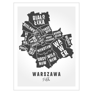 Plakat 30x40 Mapa Warszawa Dzielnice miasta