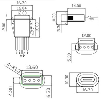 РАЗЪЕМ USB TYP C ДЛЯ КОРПУСА, 4-ПРОВОДНАЯ ЗАЩЕЛКА