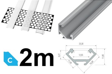PROFIL DO LED NAROŻNY 45° C 2m + KLOSZ, SREBRNY