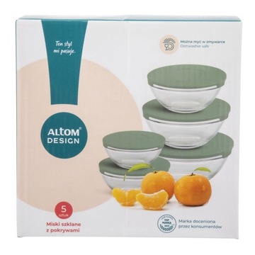 Набор мисок, салатники стеклянные с крышками, контейнеры Altom Design, 5 шт.
