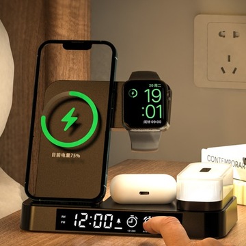 Док-станция с индуктивным зарядным устройством для Apple Iphone Galaxy USB 5in1 со светодиодными часами