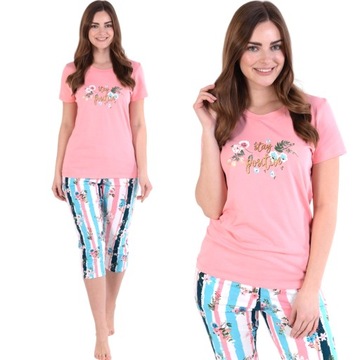 Piżama damska koszulka i spodnie za kolano różowo-niebieska w kwiatki 2XL