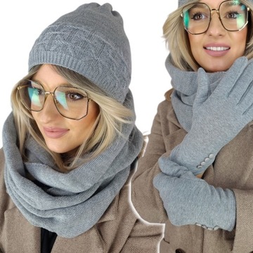 zimowy KOMPLET damski CZAPKA + KOMIN + RĘKAWICZKI OCIEPLANE CIEPŁY POLSKI