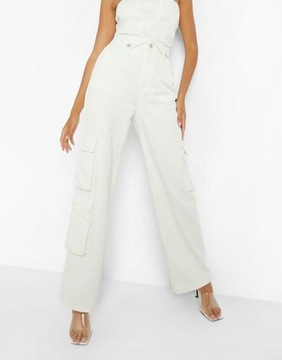 Boohoo xln wysoki jeans kieszenie szerokie białe spodnie stan M NG6